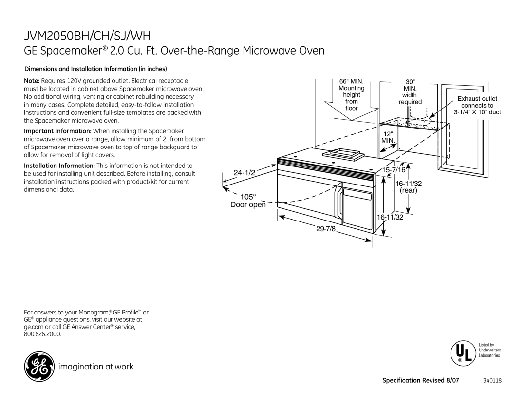 GE JVM2050SJ, JVM2050BH, JVM2050WH dimensions Dimensions and Installation Information in inches, Specification Revised 8/07 