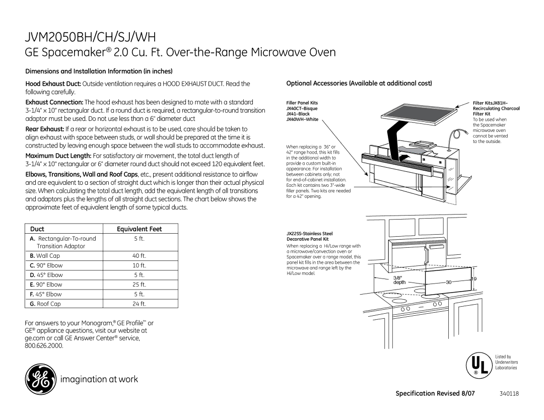 GE JVM2050WH, JVM2050BH, JVM2050SJ, JVM2050CH Optional Accessories Available at additional cost, Duct Equivalent Feet 