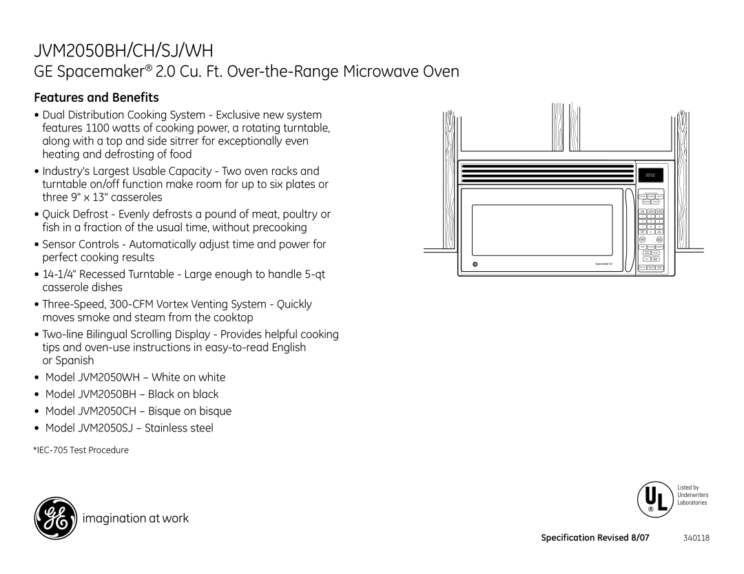 GE JVM2050CH, JVM2050BH, JVM2050SJ, JVM2050WH dimensions Features and Benefits 