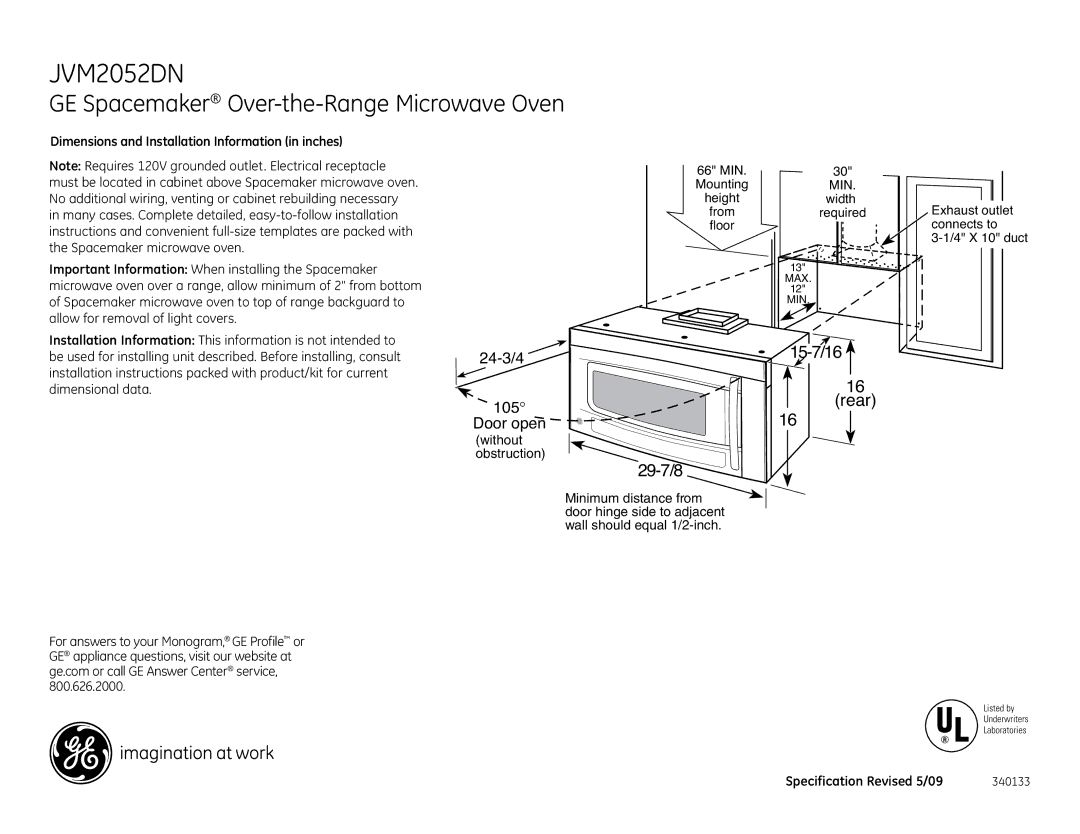 GE JVM2052DN dimensions GE Spacemaker Over-the-Range Microwave Oven, 15-7/16, 29-7/8 Rear 