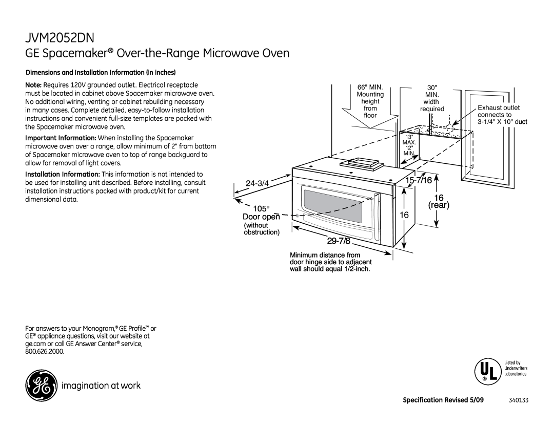 GE JVM2052DN dimensions GE Spacemaker Over-the-Range Microwave Oven, 15-7/16, 29-7/8, rear, 24-3/4, Door open 
