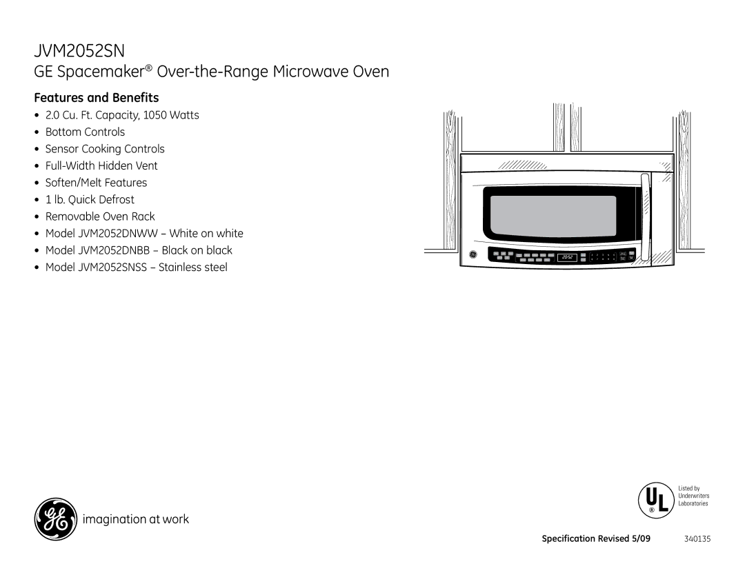 GE 340135, JVM2052SN, JVM2052DNWW, JVM2052DNBB dimensions Features and Benefits 