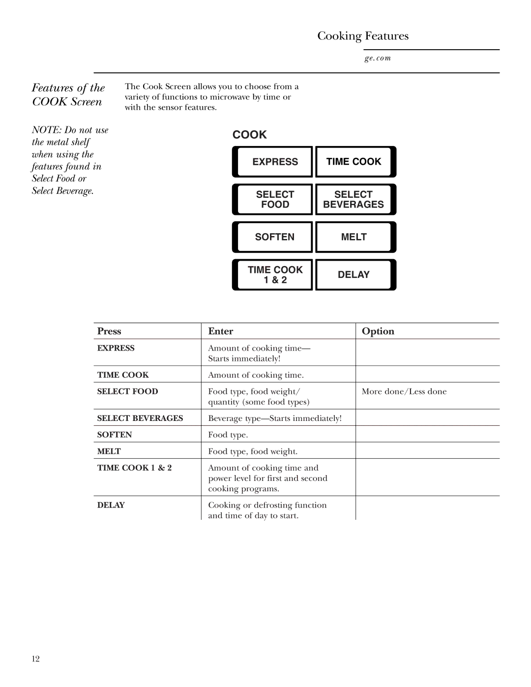 GE JVM2070 owner manual Cook Screen, Press Enter Option 