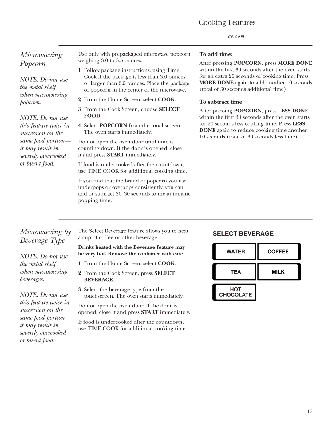 GE JVM2070 owner manual Microwaving, Popcorn, Beverage Type 