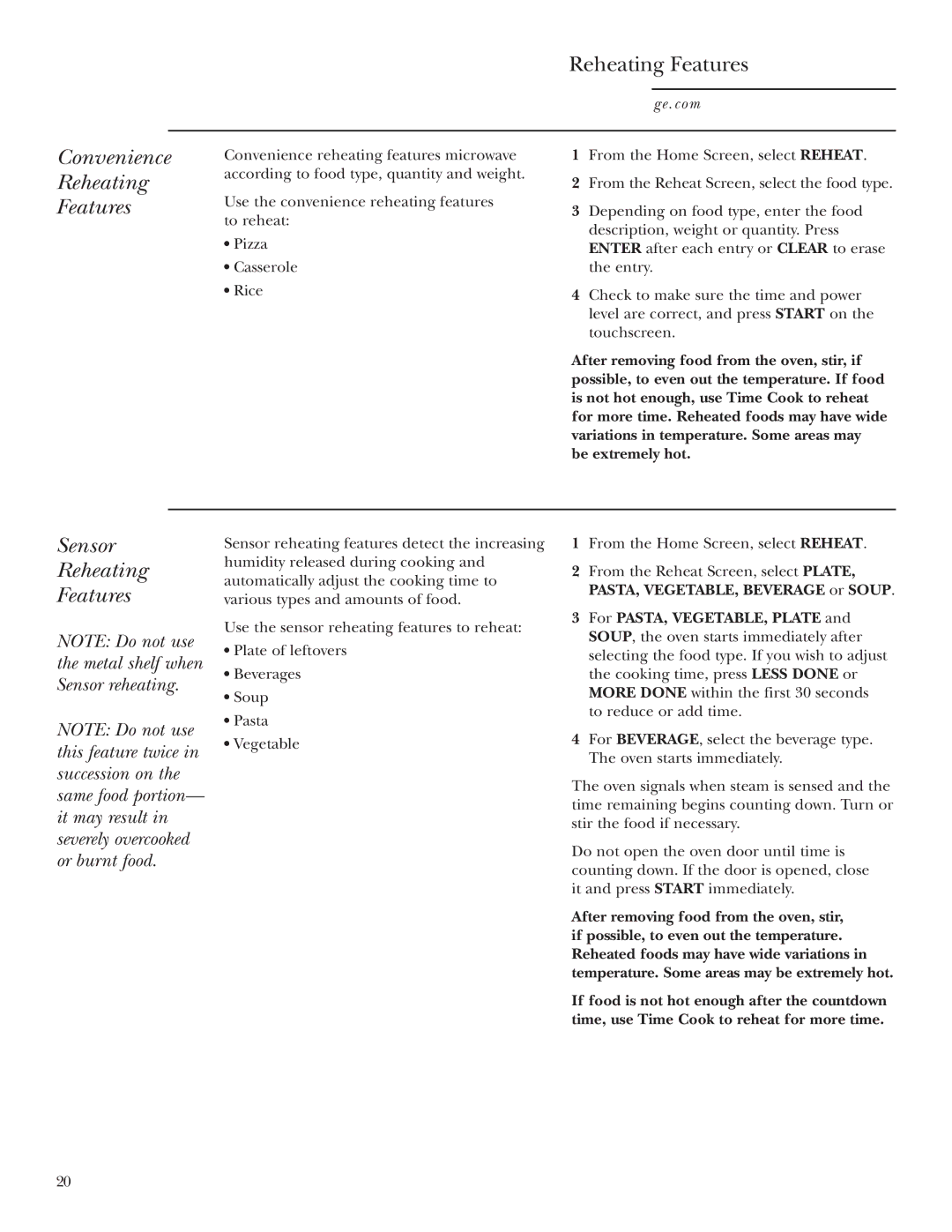 GE JVM2070 owner manual Convenience, Reheating, Sensor 