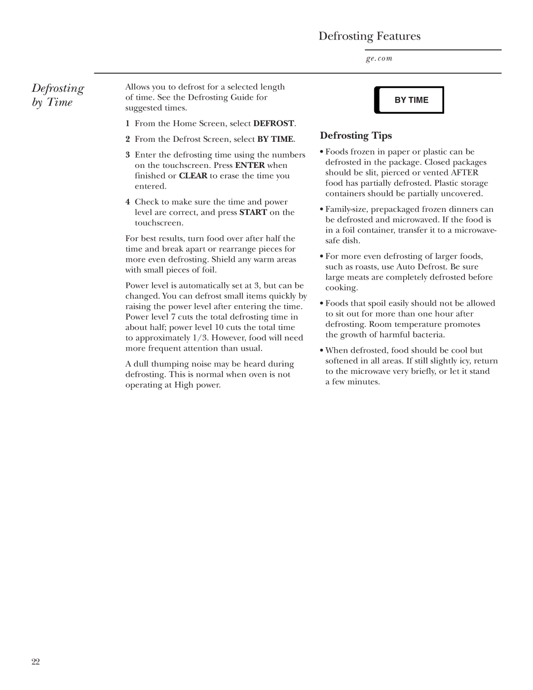 GE JVM2070 owner manual Defrosting by Time, Defrosting Tips 