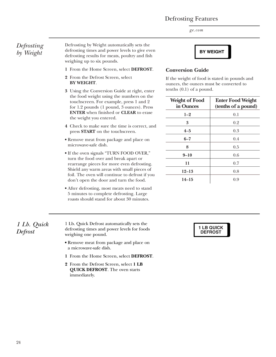 GE JVM2070 owner manual Defrosting by Weight, Lb. Quick Defrost, Conversion Guide 