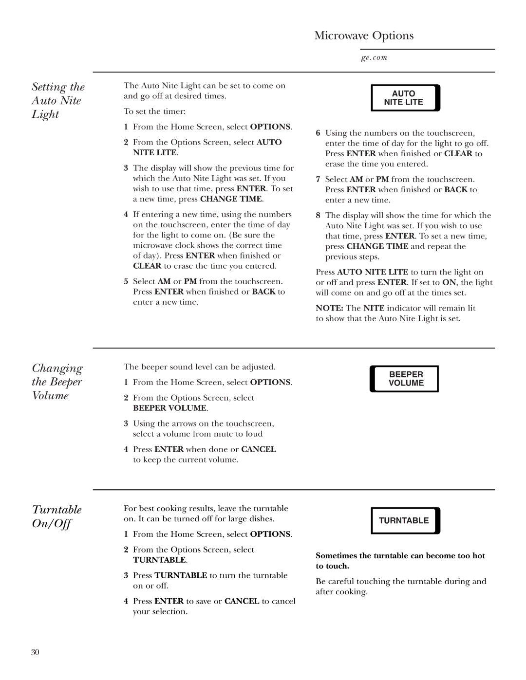 GE JVM2070 owner manual Setting Auto Nite Light, Changing Beeper Volume, Turntable On/Off 