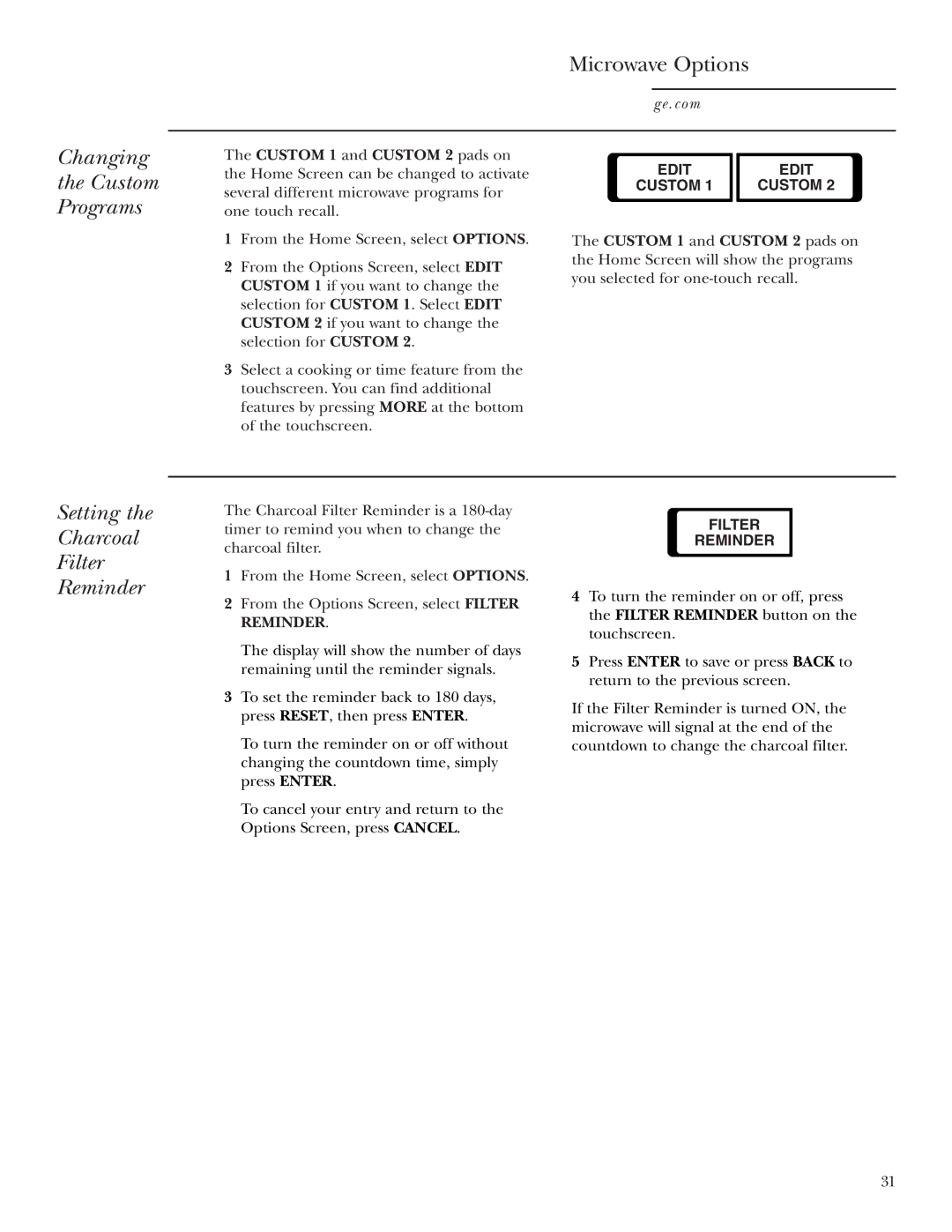 GE JVM2070 owner manual Changing Custom Programs Microwave Options, Setting Charcoal Filter Reminder, Edit 