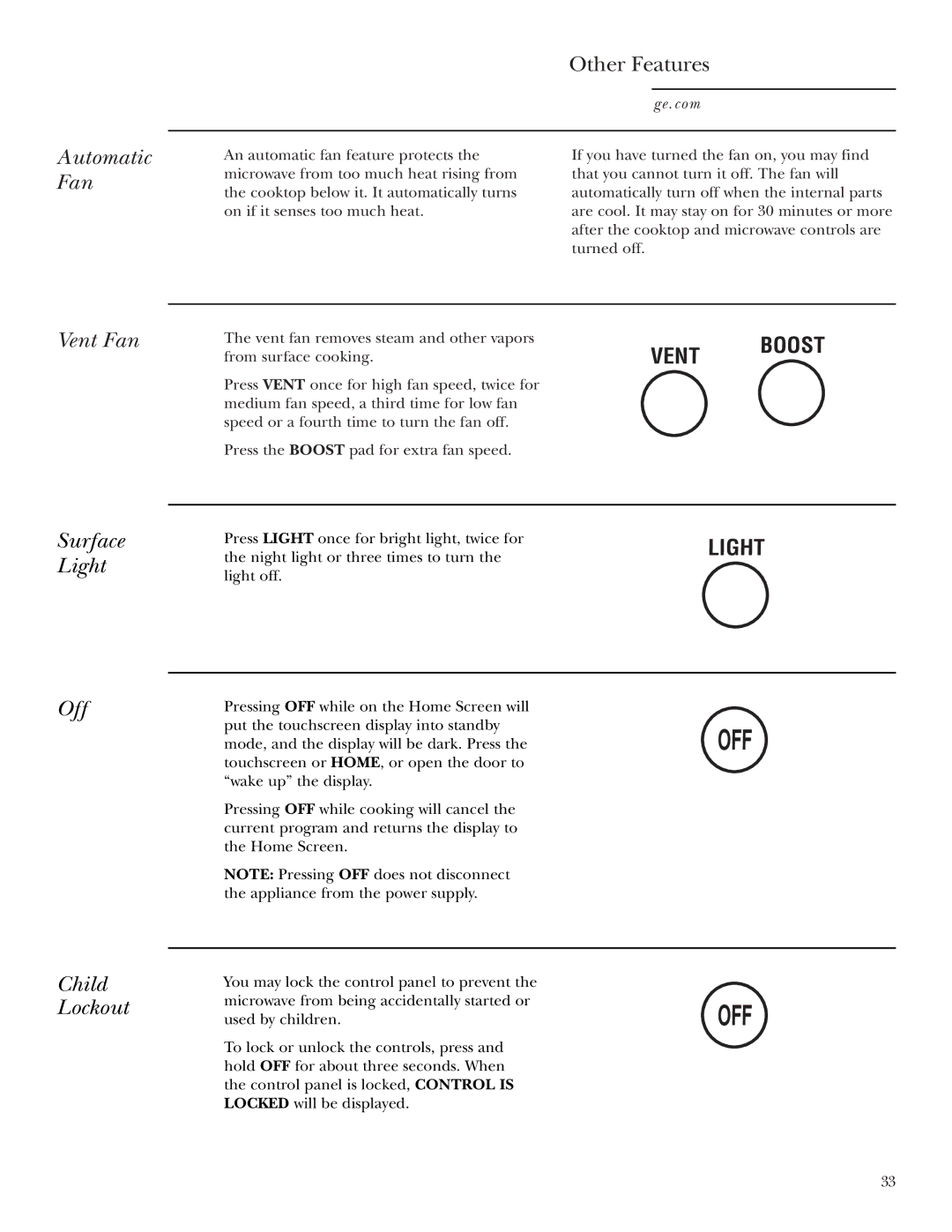 GE JVM2070 owner manual Automatic Fan Other Features, Vent Fan Surface Light, Off Child Lockout 