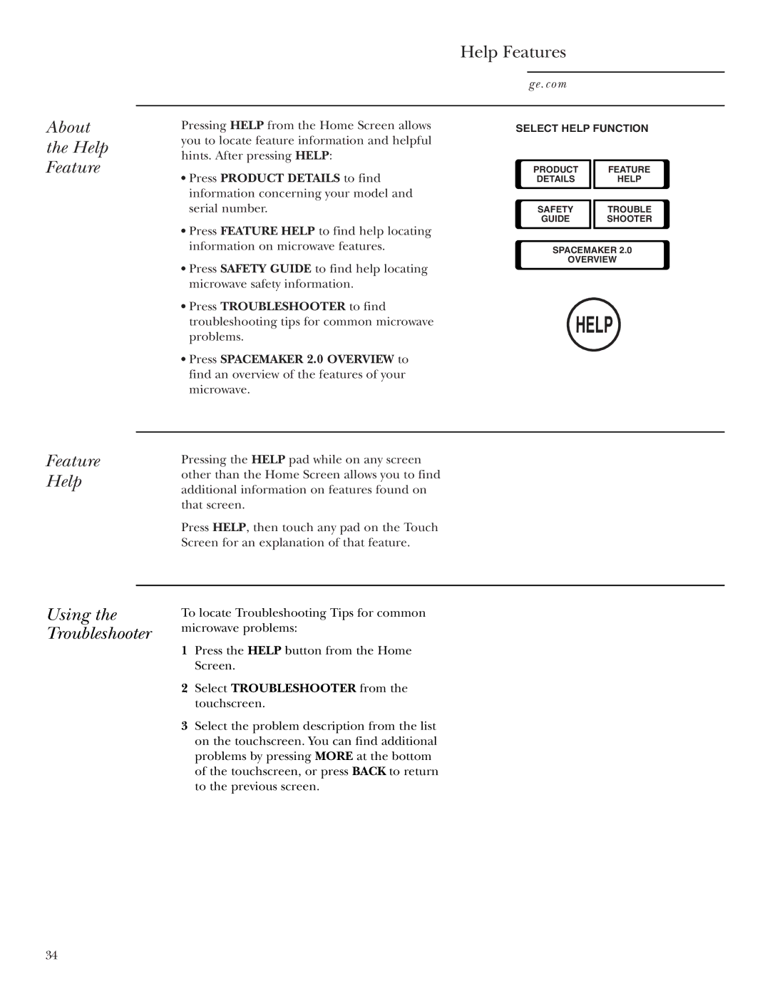 GE JVM2070 owner manual About Help Feature, Using the Troubleshooter 