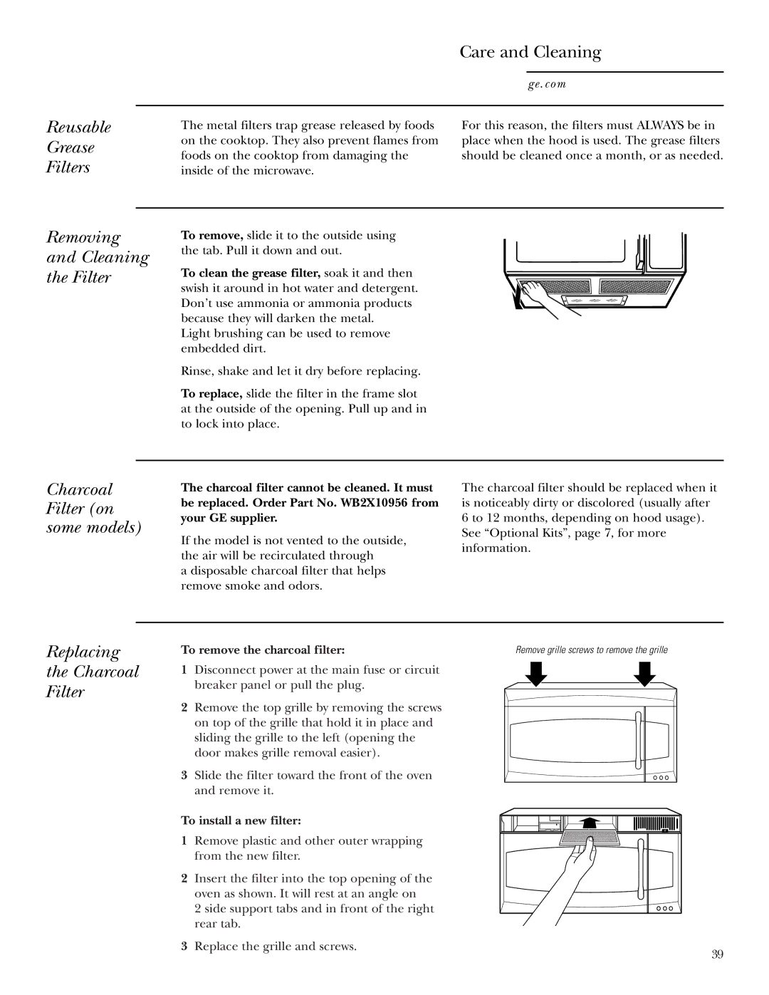 GE JVM2070 owner manual Reusable Grease Filters Care and Cleaning, Removing Cleaning Filter, Charcoal Filter on some models 