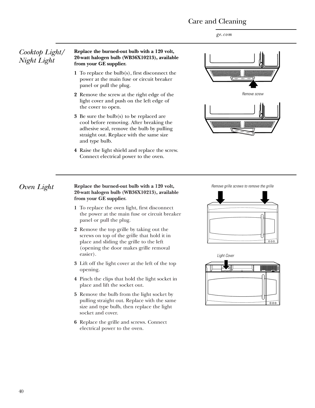 GE JVM2070 owner manual Cooktop Light/ Night Light, Oven Light 