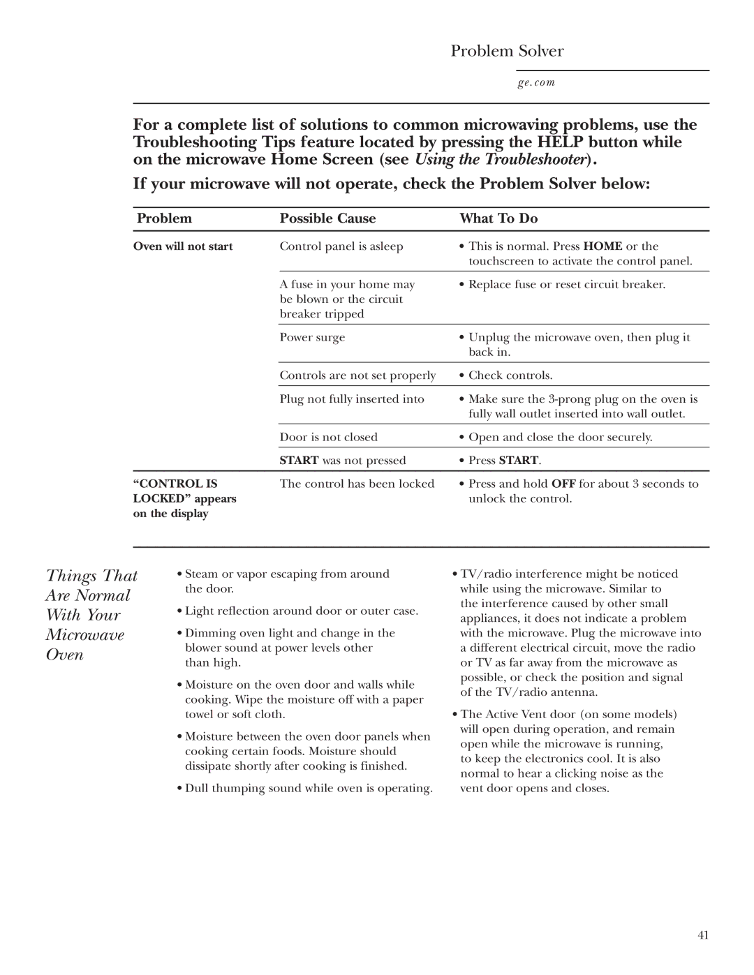 GE JVM2070 owner manual Things That Are Normal With Your Microwave Oven, Problem Possible Cause What To Do, Control is 