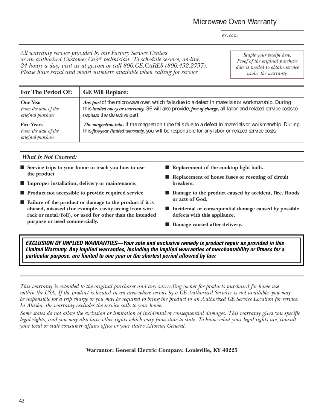 GE JVM2070 owner manual For The Period GE Will Replace, What Is Not Covered, One Year, Five Years 