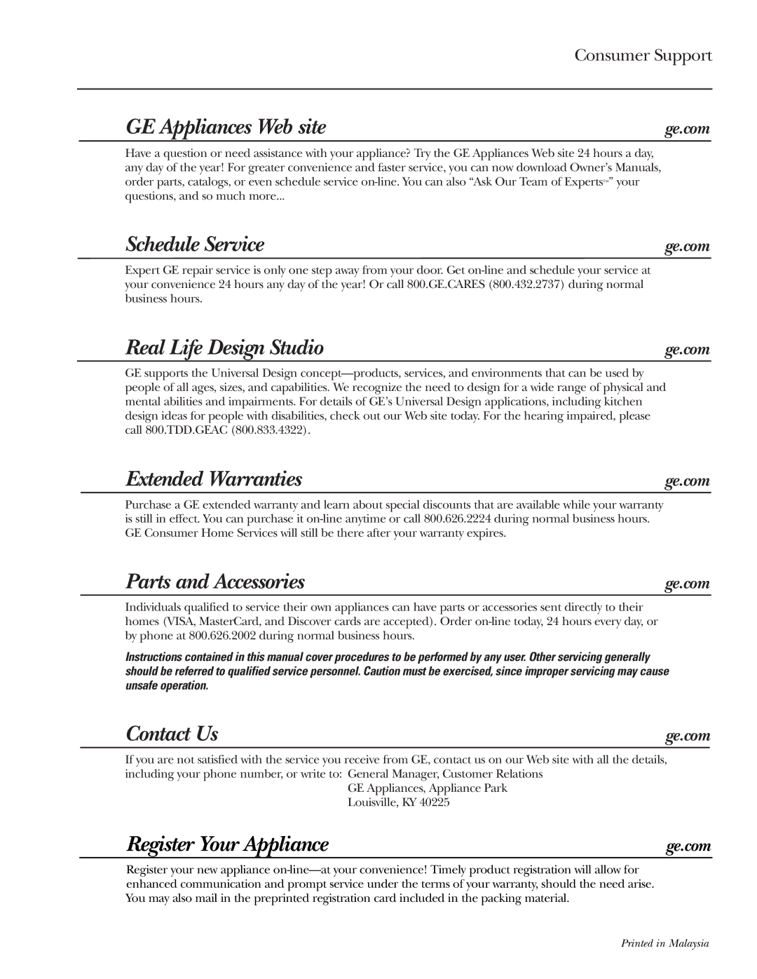 GE JVM2070 owner manual Schedule Service, Ge.com 