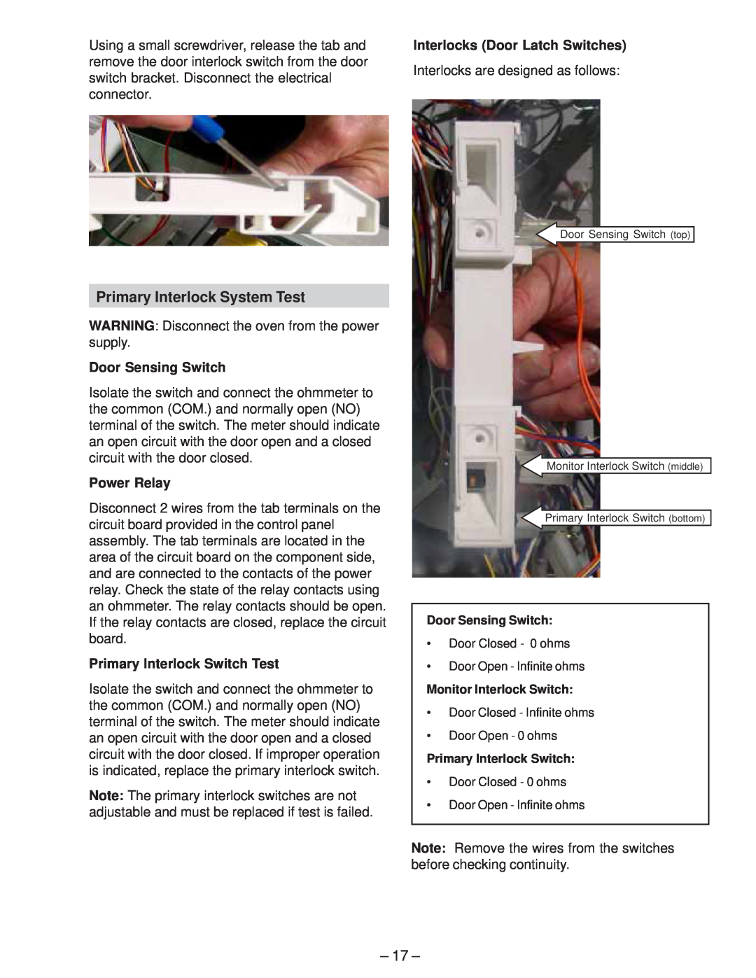 GE JVM2070_H manual Primary Interlock System Test, Interlocks Door Latch Switches, Door Sensing Switch, Power Relay 
