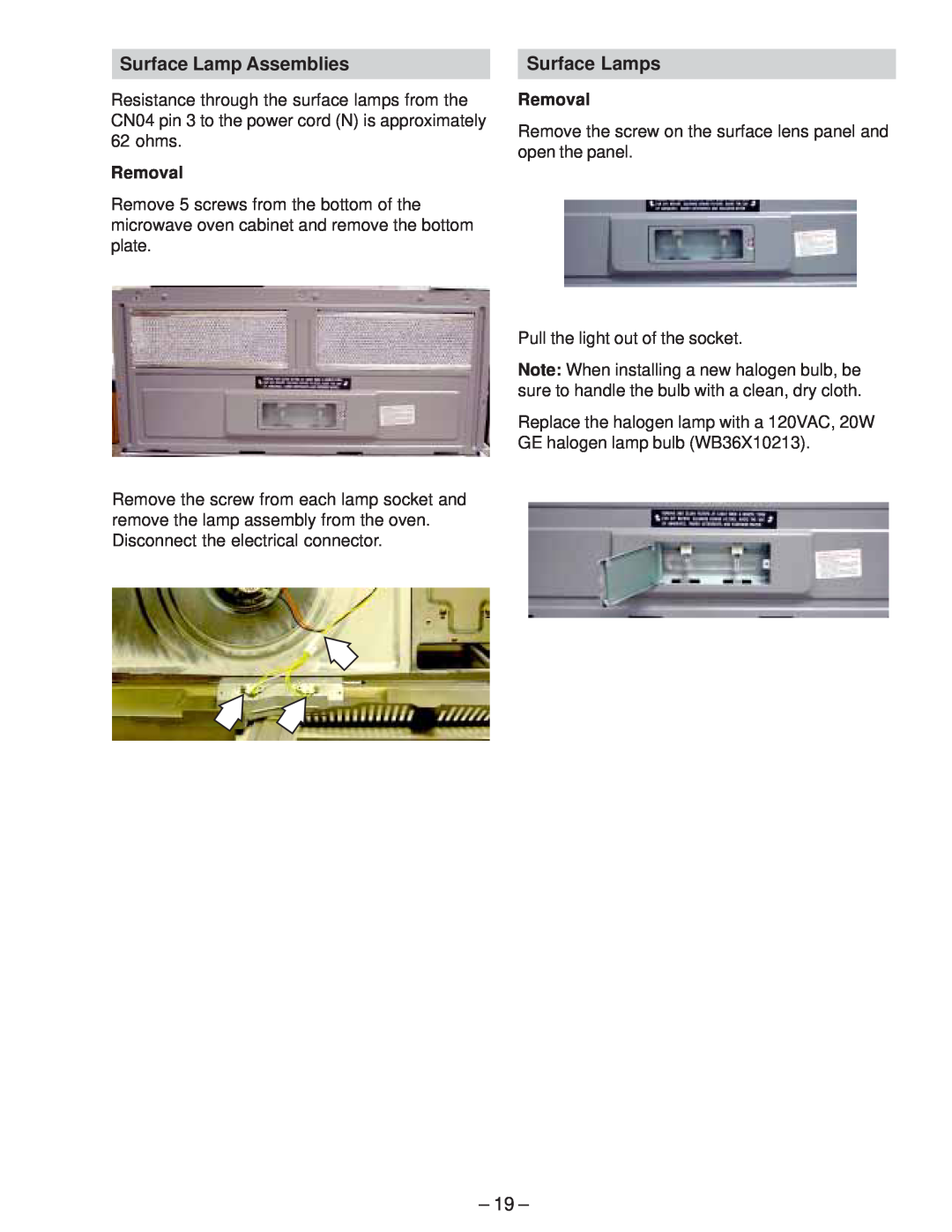 GE JVM2070_H manual Surface Lamp Assemblies, Surface Lamps, Removal 