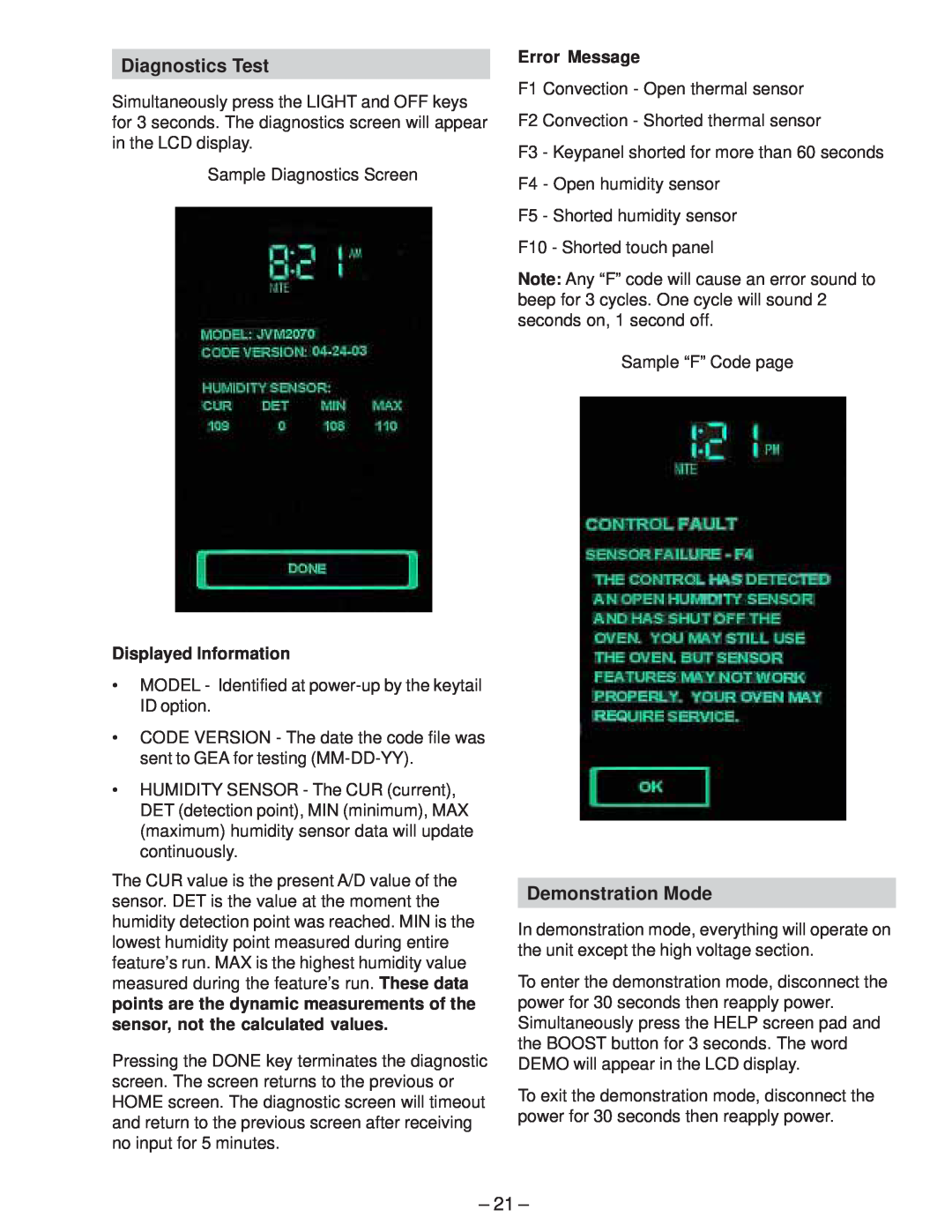 GE JVM2070_H manual Diagnostics Test, Demonstration Mode, Displayed Information, Error Message 