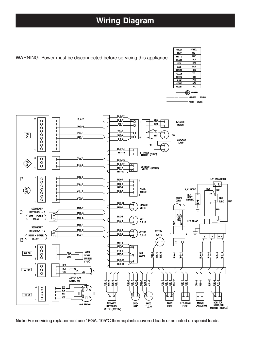 GE JVM2070_H manual Wiring Diagram, WARNING Power must be disconnected before servicing this appliance 