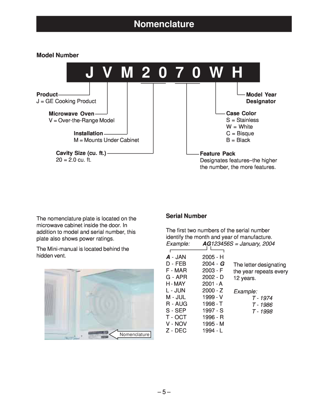 GE JVM2070_H Nomenclature, Model Number, Serial Number, Product, Microwave Oven, Installation, Feature Pack, Example T T T 