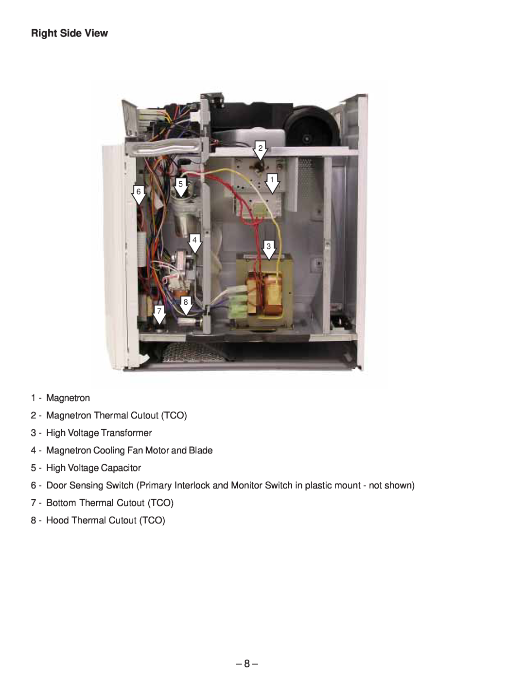GE JVM2070_H manual Right Side View, Magnetron 2 - Magnetron Thermal Cutout TCO, High Voltage Transformer 