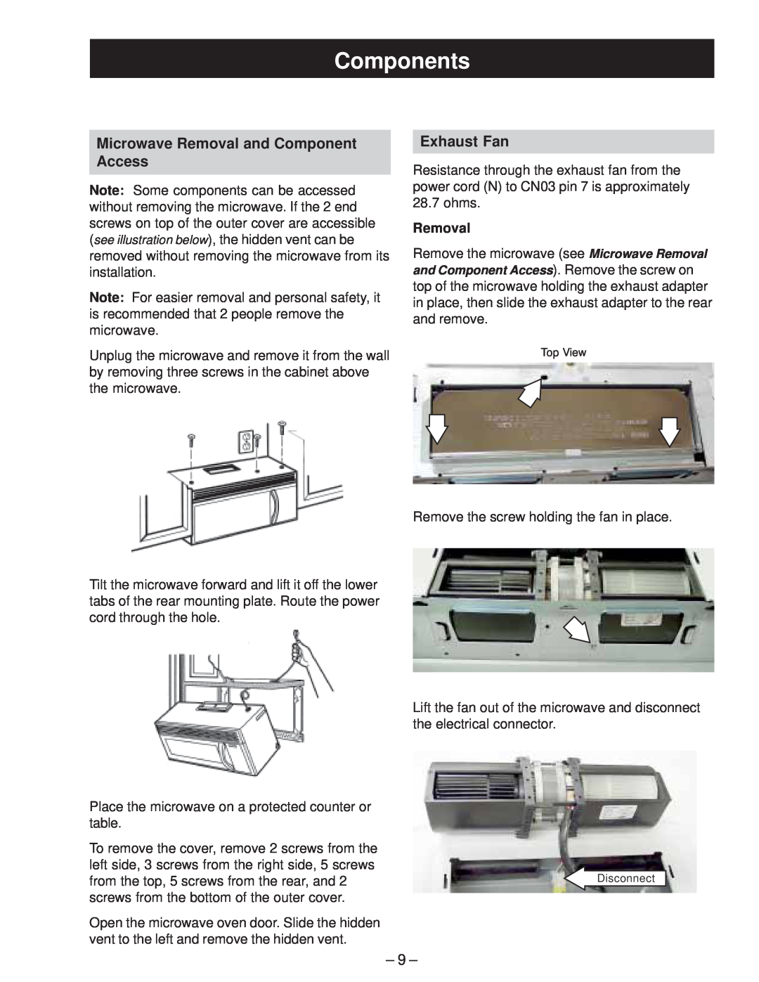 GE JVM2070_H manual Components, Microwave Removal and Component Access, Exhaust Fan 