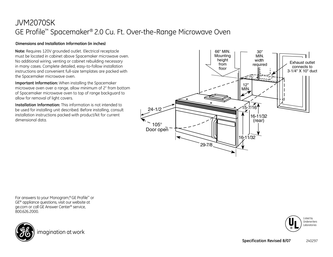 GE JVM2070SK dimensions Dimensions and Installation Information in inches, Specification Revised 8/07 