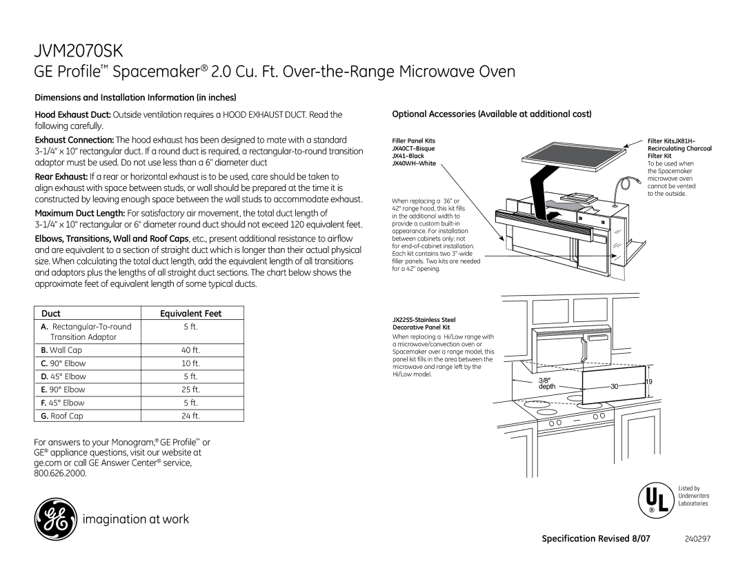 GE JVM2070SK dimensions Optional Accessories Available at additional cost, Duct Equivalent Feet, Depth 