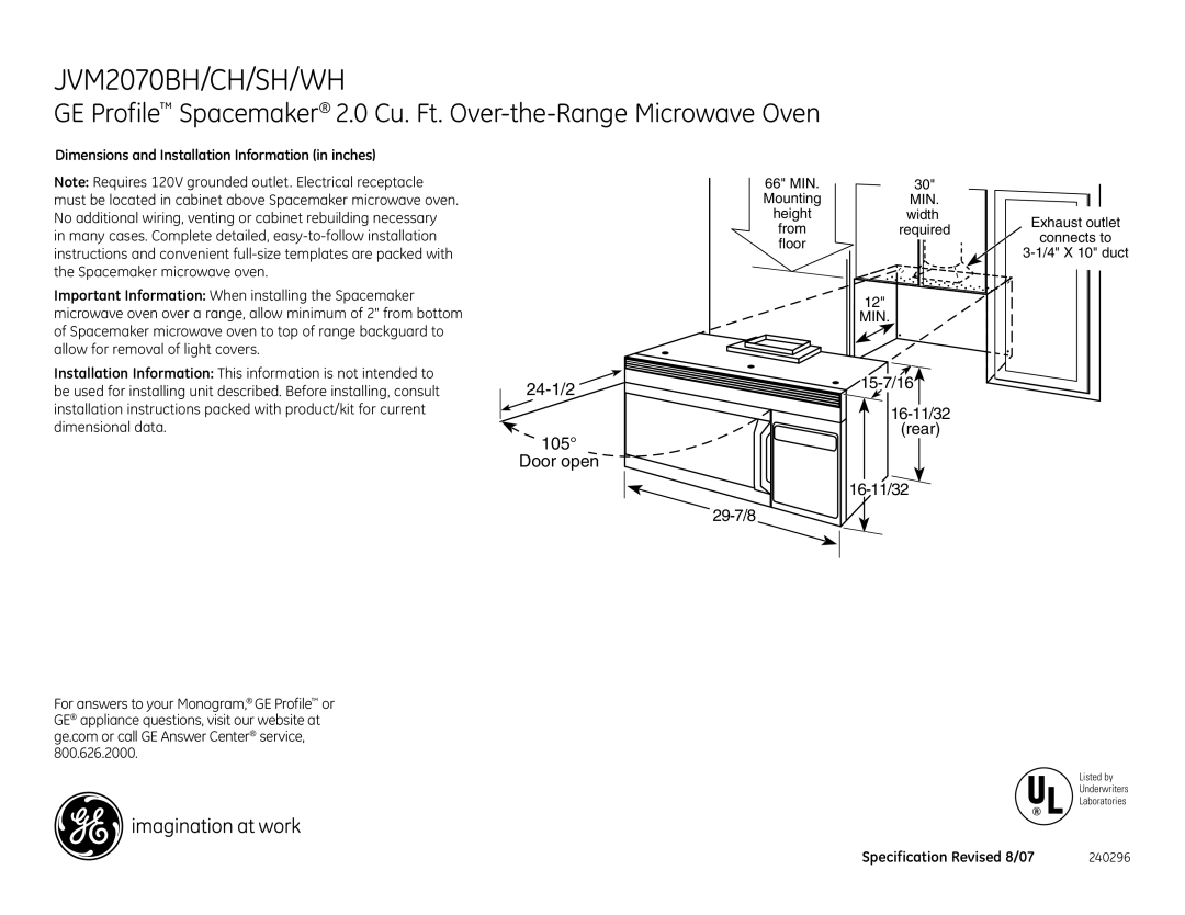 GE JVM2070CH dimensions JVM2070BH/CH/SH/WH, Dimensions and Installation Information in inches, Specification Revised 8/07 