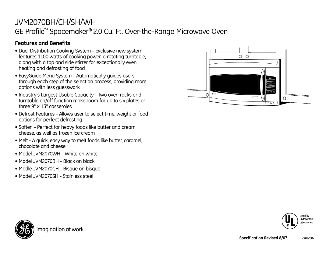 GE dimensions JVM2070BH/CH/SH/WH, GE Profile Spacemaker 2.0 Cu. Ft. Over-the-Range Microwave Oven, Features and Benefits 