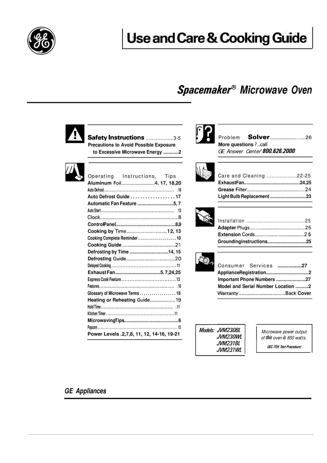 GE JVM231BL, JVM231WL, JVM230BL, 49-8388, 164 D2588P188 manual SpacemakeP Microwave Oven 