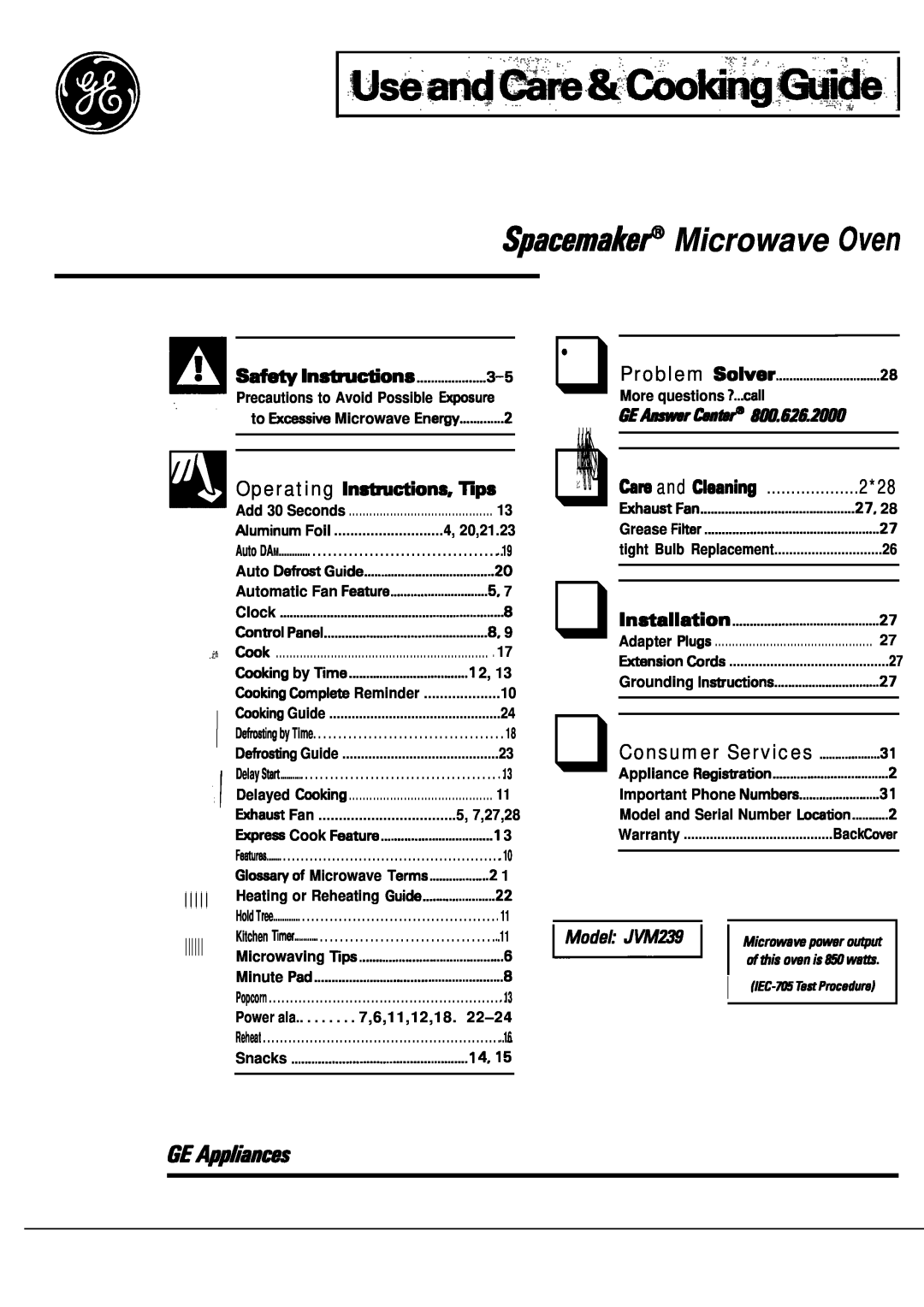 GE JVM239 warranty SpacemakeP Microwave Oven, Hold Tree, Operating Inh-ions, ~ps, tim and Cleaning, lntiallation 