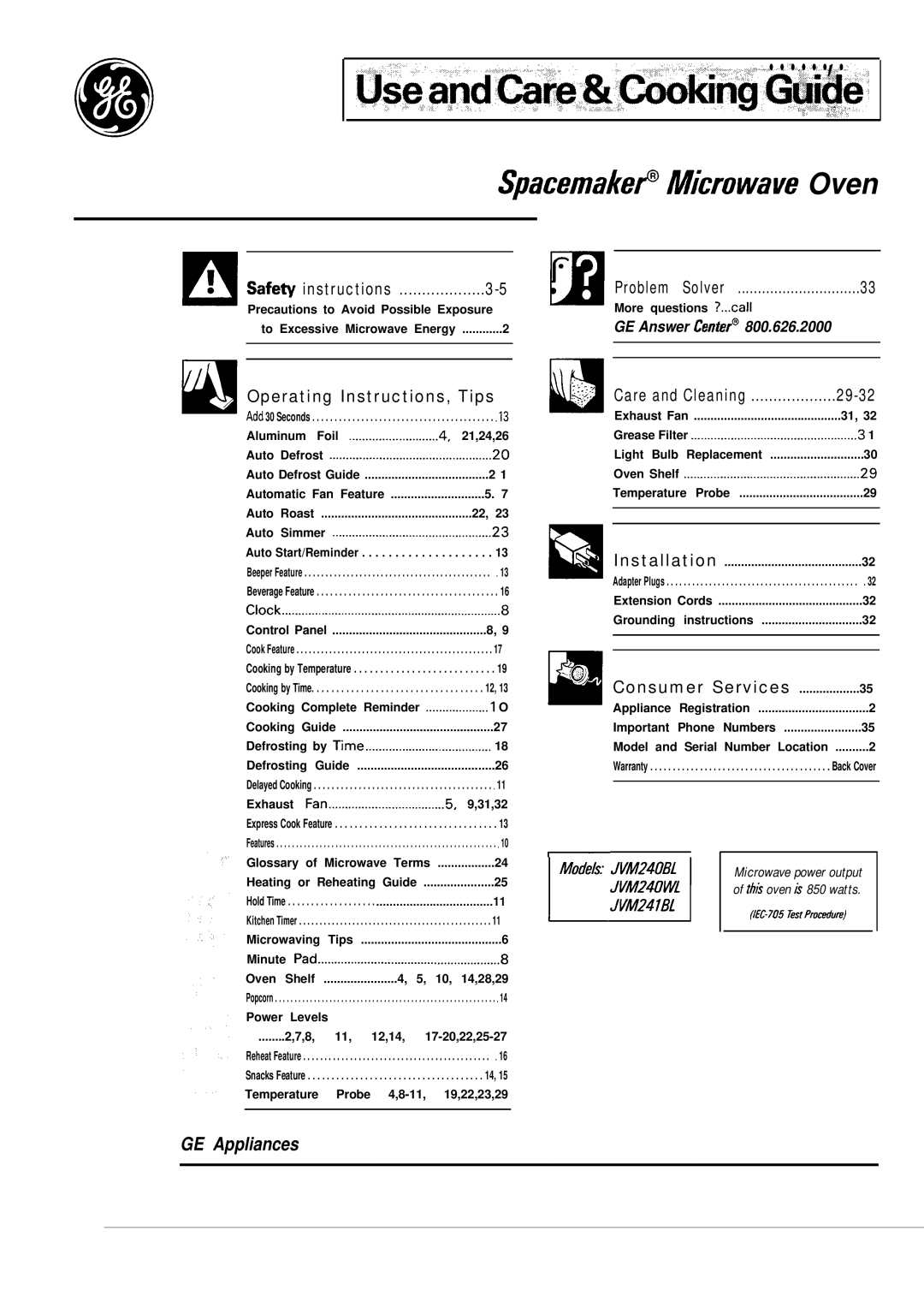 GE JVM241WL, JVM240BL, 49-8391, 164 D2588P191 operating instructions SpacemakeP Mcrowave Oven 