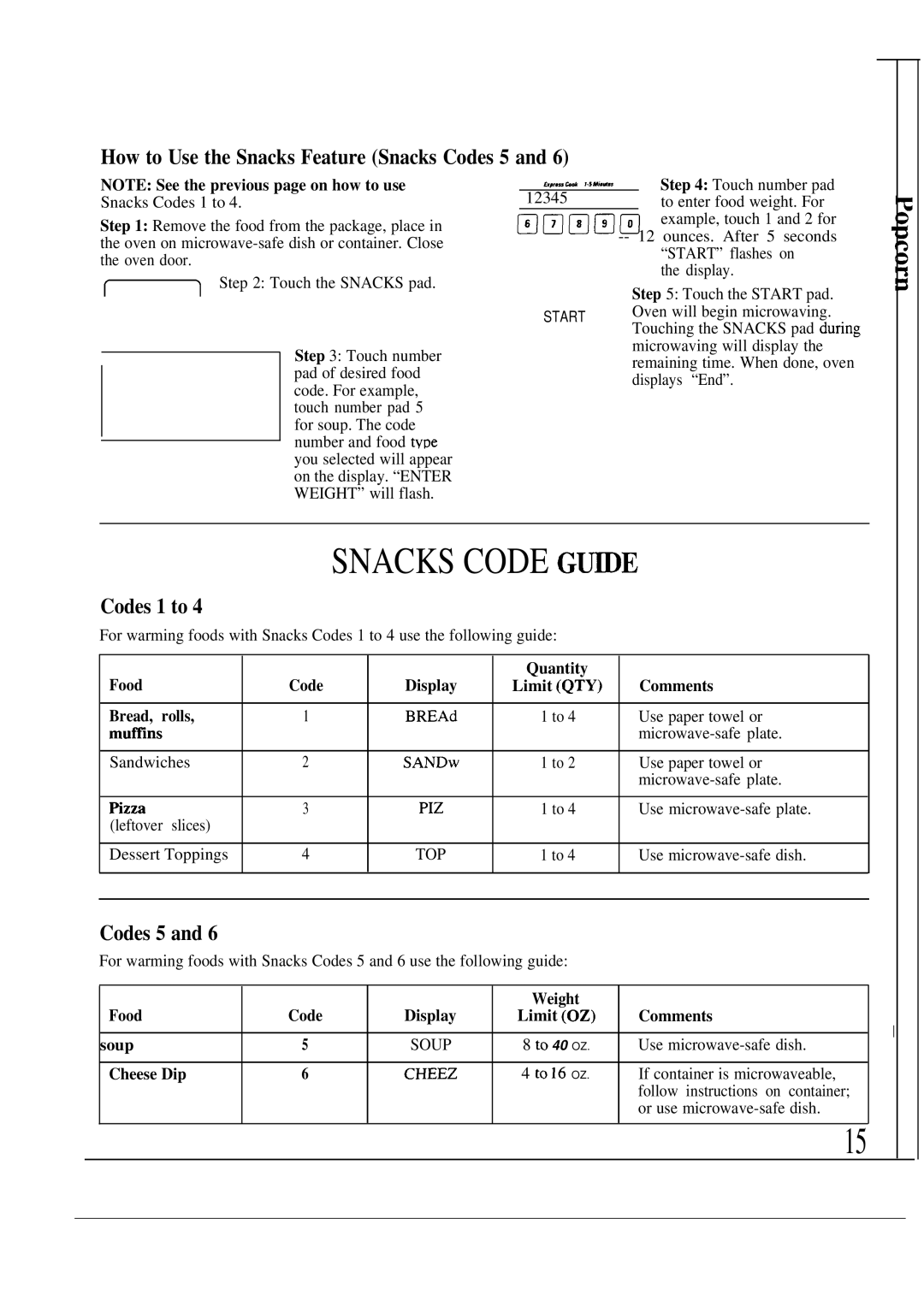 GE 164 D2588P191, JVM240BL, JVM241WL, 49-8391 Snacks Code G~E, How to Use the Snacks Feature Snacks Codes 5, Codes 1 to 