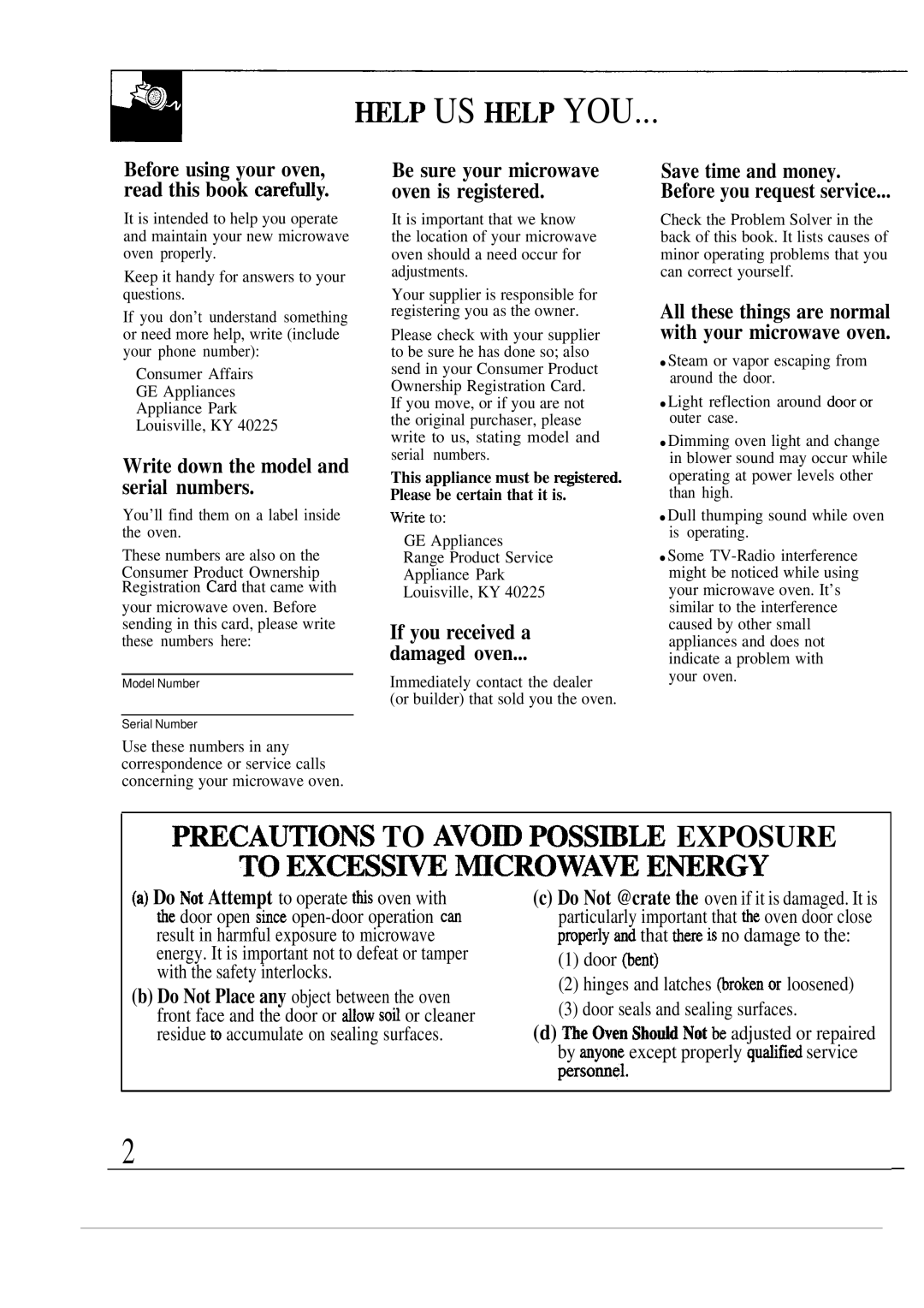 GE 49-8391 ~Lp Us ~Lp You, Write down the model and serial numbers, If you received a Damaged oven, Save time and money 