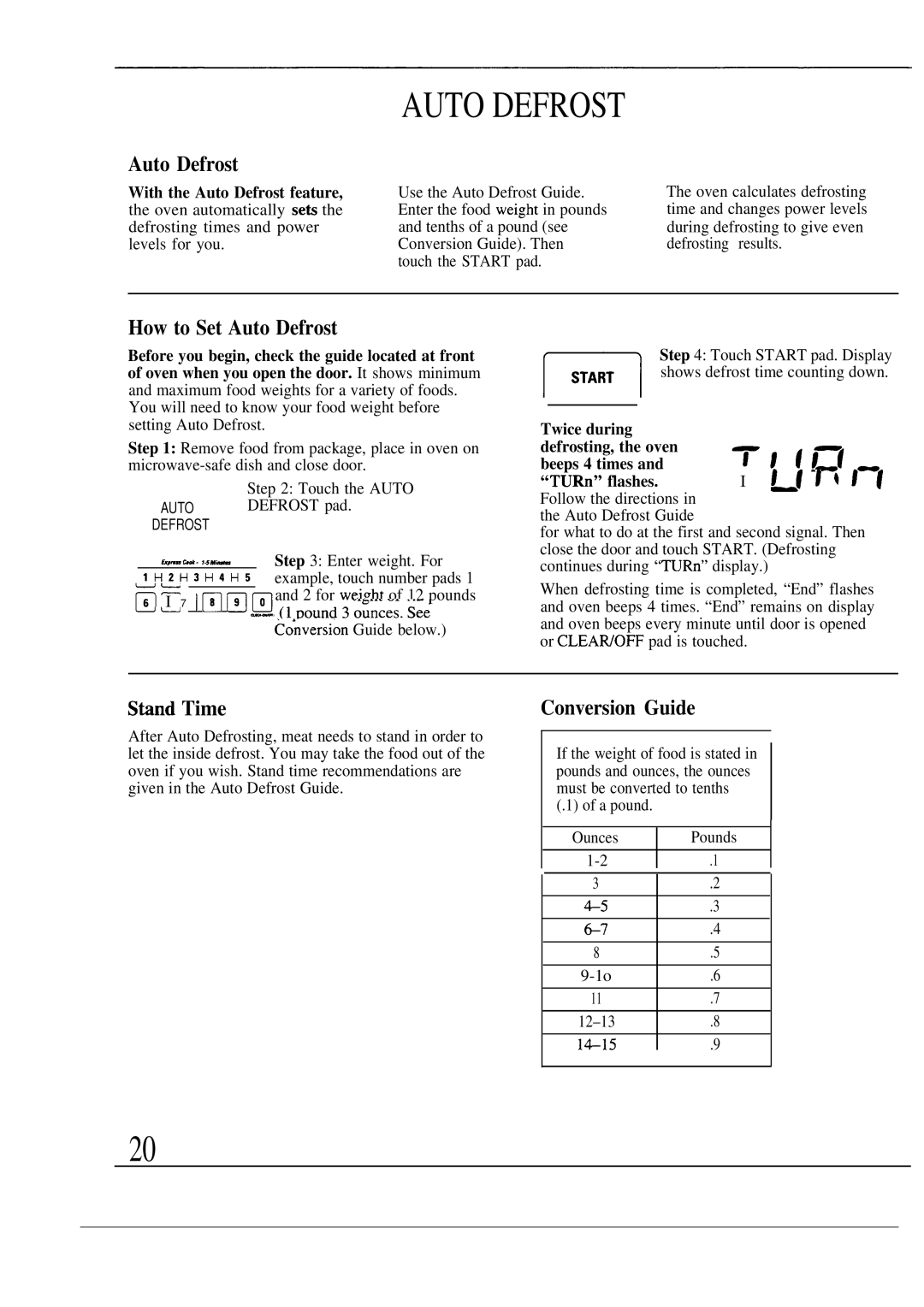 GE JVM240BL, JVM241WL, 49-8391, 164 D2588P191 operating instructions How to Set Auto Defrost, Stind Time, Conversion Guide 