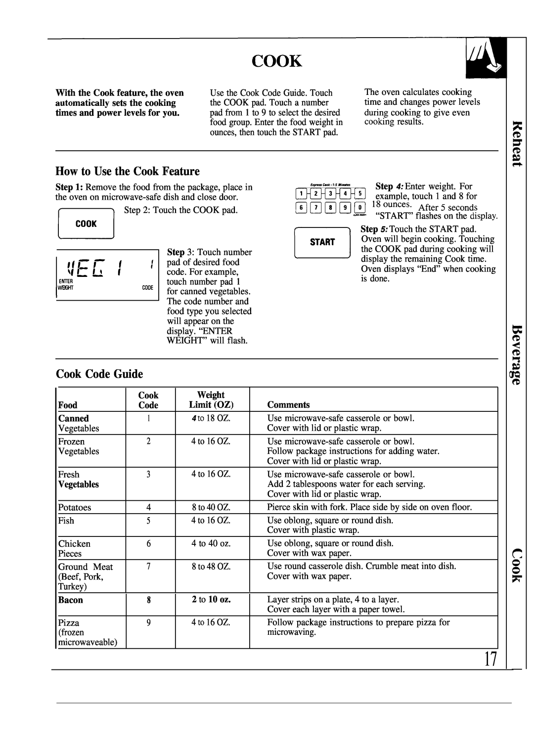 GE JVM241WL, 49-8391 How to Use the Cook Feature, Cook Code Guide, Step, Weight, Food, Comments, Canned, Vegetables, Bacon 