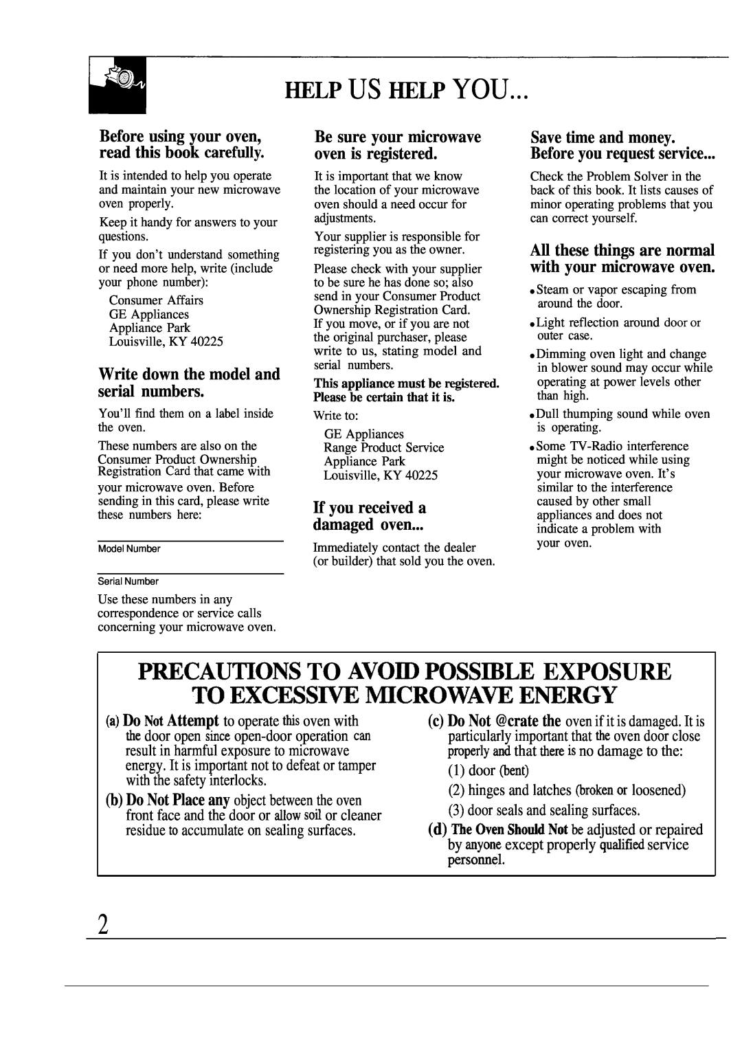 GE 49-8391 ~Lp Us ~Lp You, PmCAU~ONS TO AVO~ POSS~LE EXPOSURE TO EXCESS~ MCROWA~ E~RGY, If you received a damaged oven 