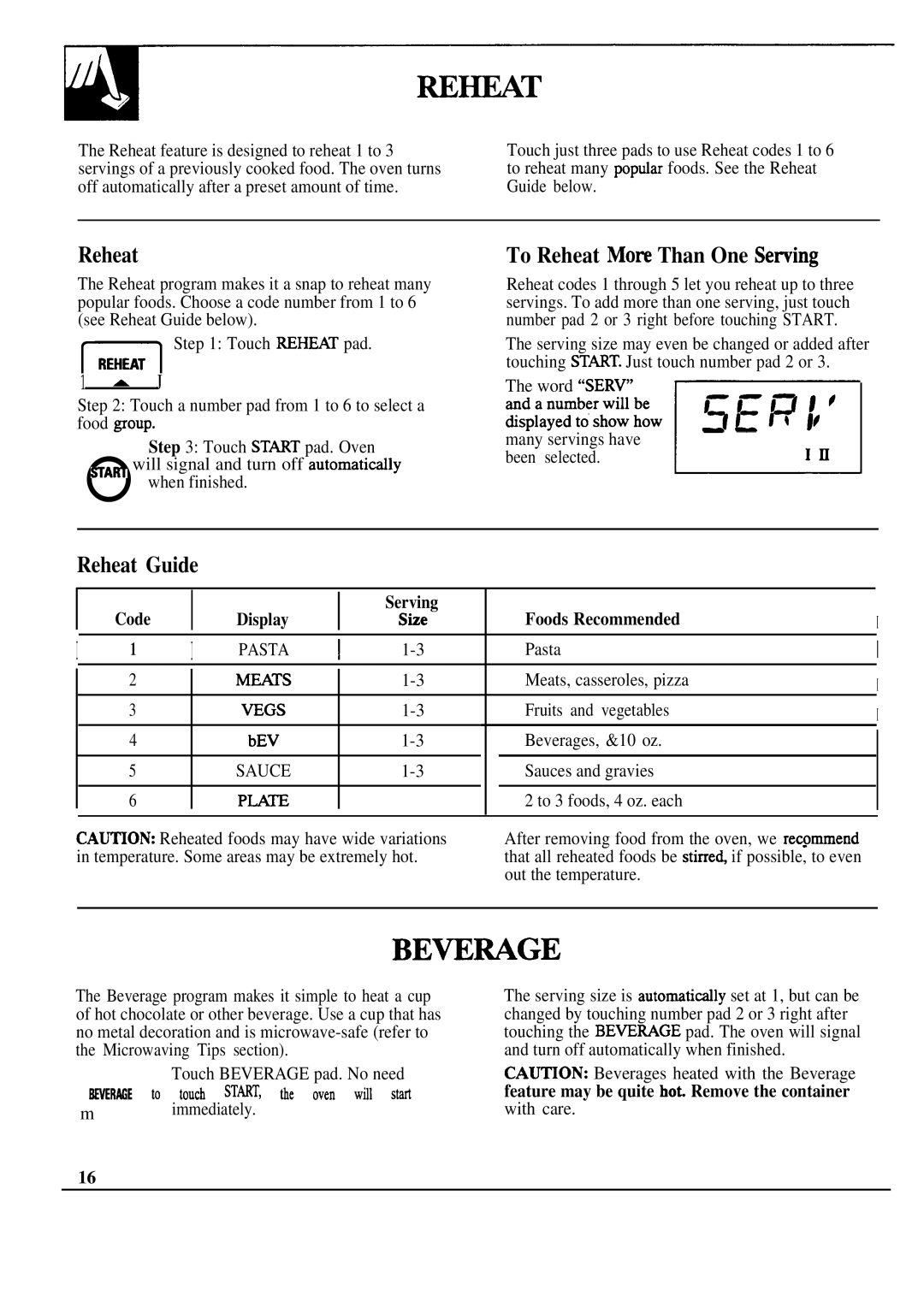 GE JVM241, JVM240 warranty To Reheat Mom Than One Sening, Reheat Guide, Code Display Serving Foods Recommended 