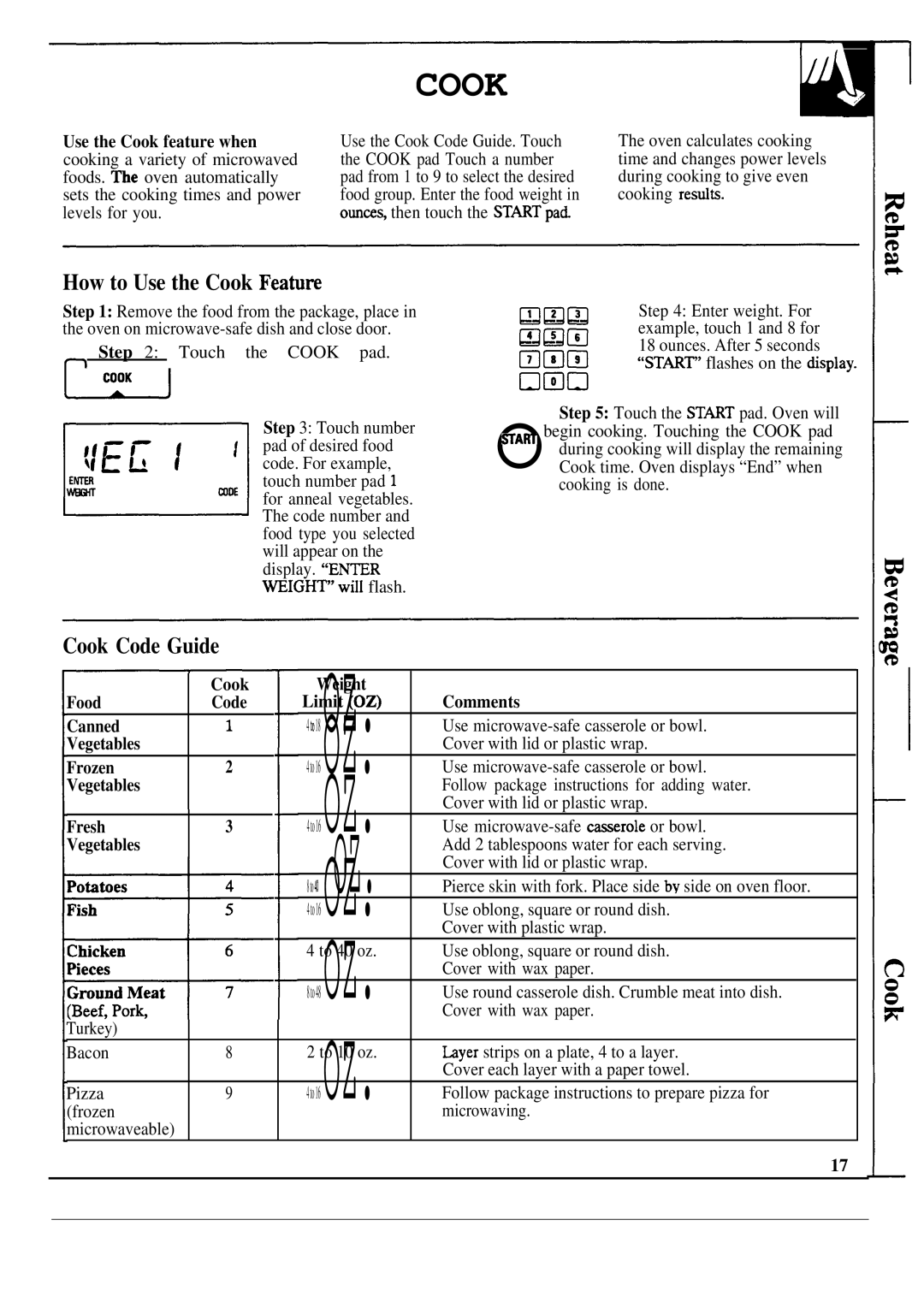 GE JVM240, JVM241 warranty How to Use the Cook Featun, Cook Code Guide, ST~T flashes on the disDlav 