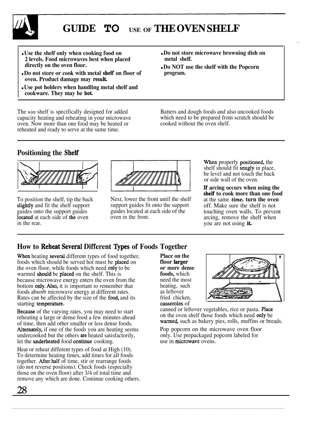 GE JVM241, JVM240 Positioning the SheE, How to Reh~t Seveml Different ~pes of Foods Together, ~E to USE of ~ OWN S~LF 