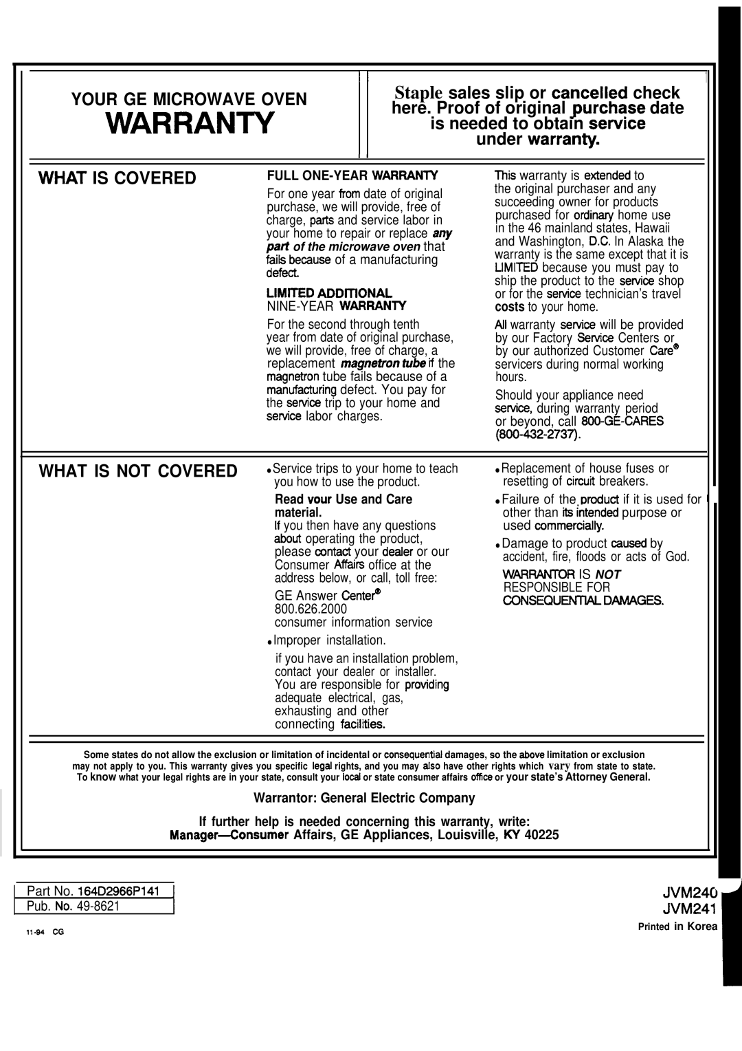 GE JVM241, JVM240 warranty Warran~ 