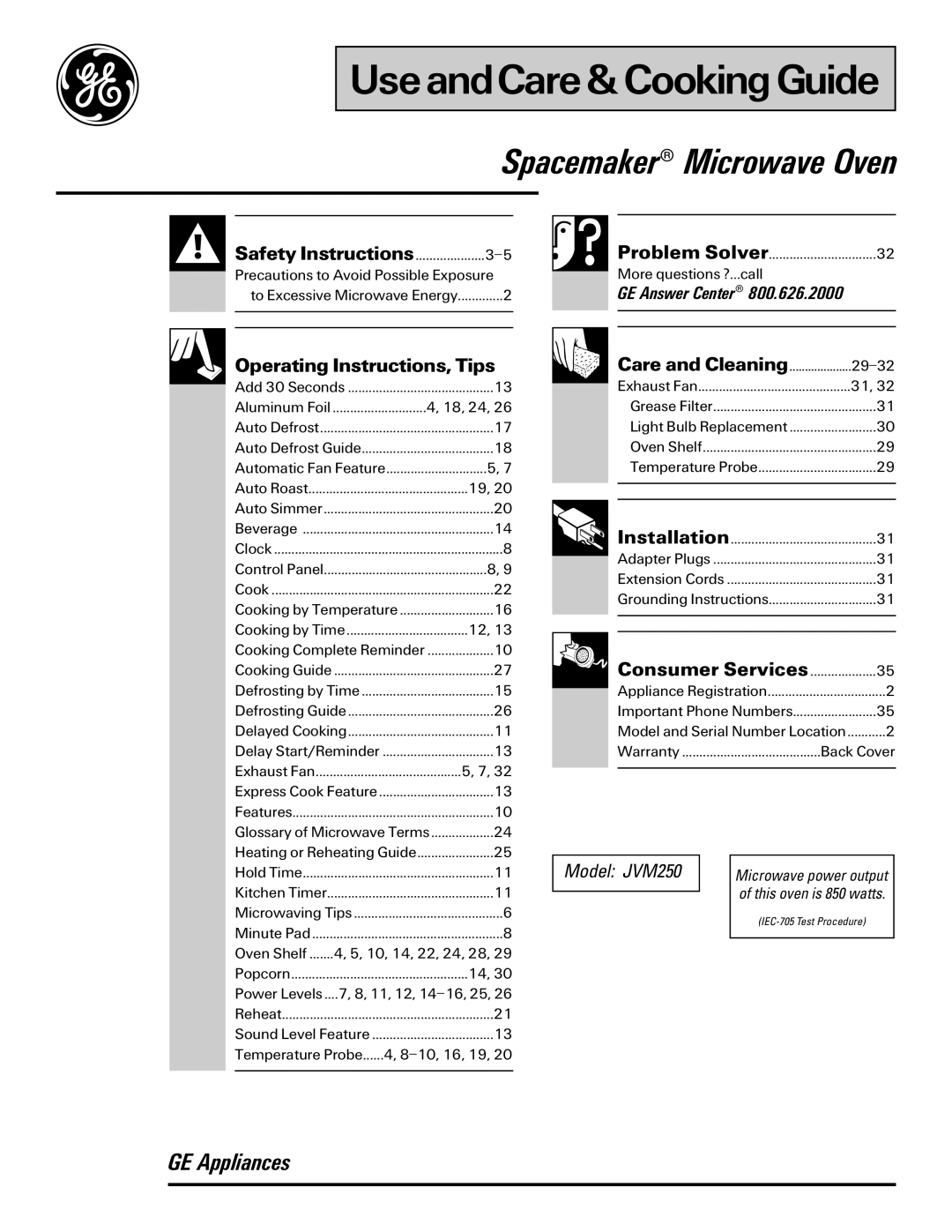 GE JVM250WV, JVM250AV, JVM250BV, 49-8622, 164D2966P142 manual UseandCare& Cooking Guide 