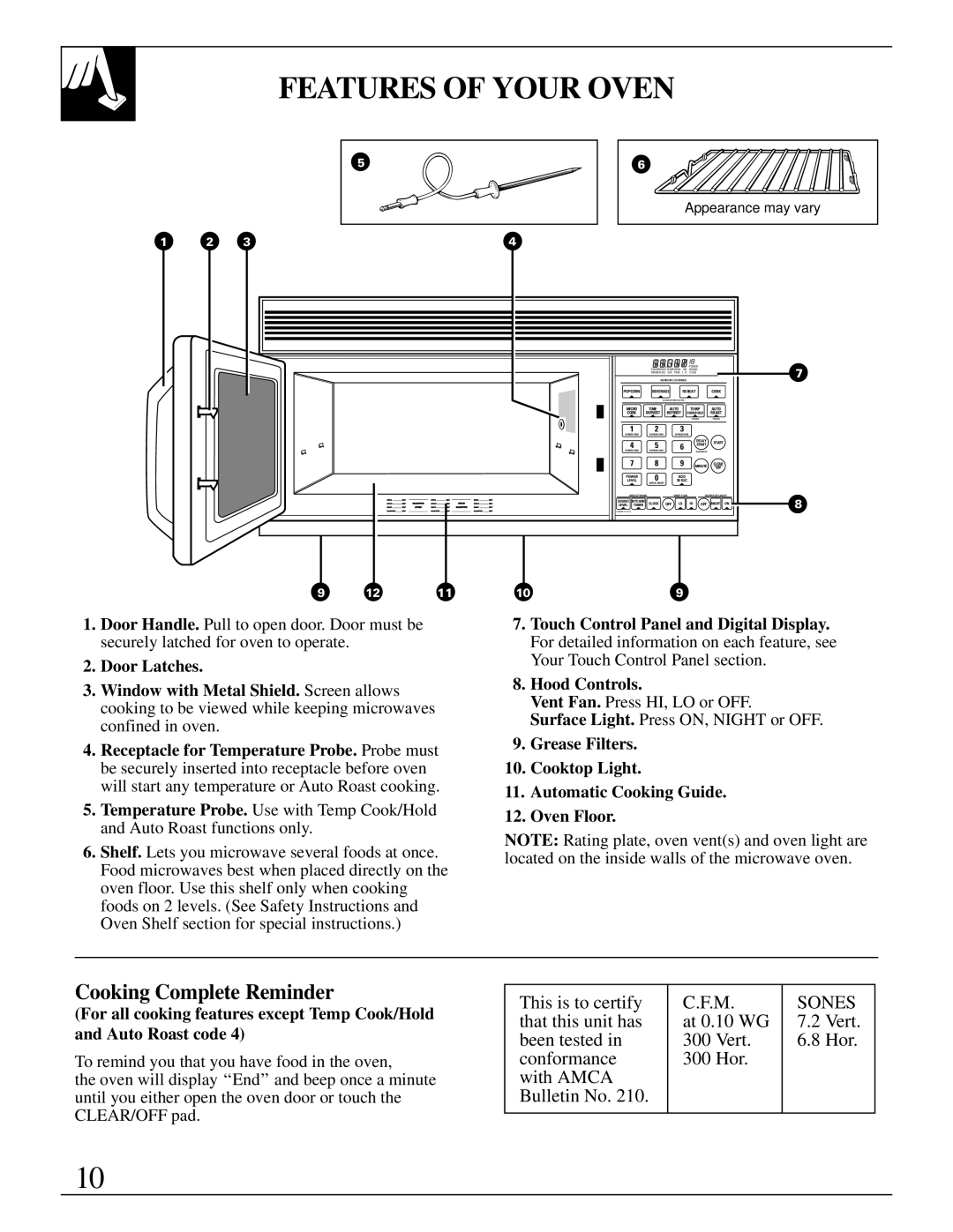 GE 49-8622, JVM250AV, JVM250WV, JVM250BV, 164D2966P142 manual Features of Your Oven, Cooking Complete Reminder 