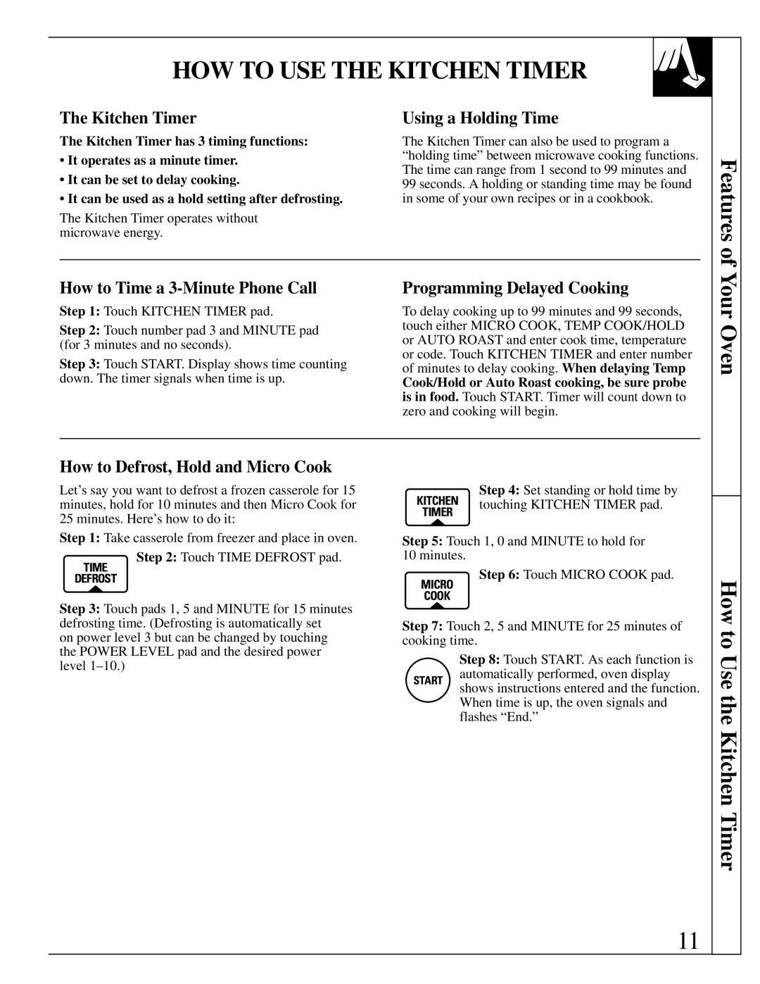 GE 164D2966P142, JVM250AV, JVM250WV, 49-8622 HOW to USE the Kitchen Timer, Features, Your Oven, How to Use the Kitchen Timer 