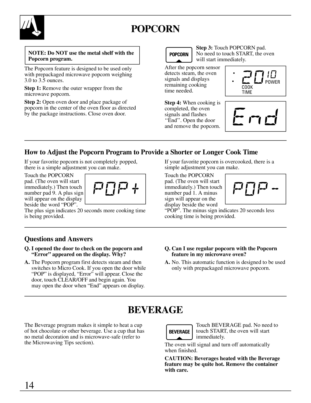 GE JVM250BV, JVM250AV, JVM250WV, 49-8622, 164D2966P142 manual Popcorn, Beverage, Questions and Answers 