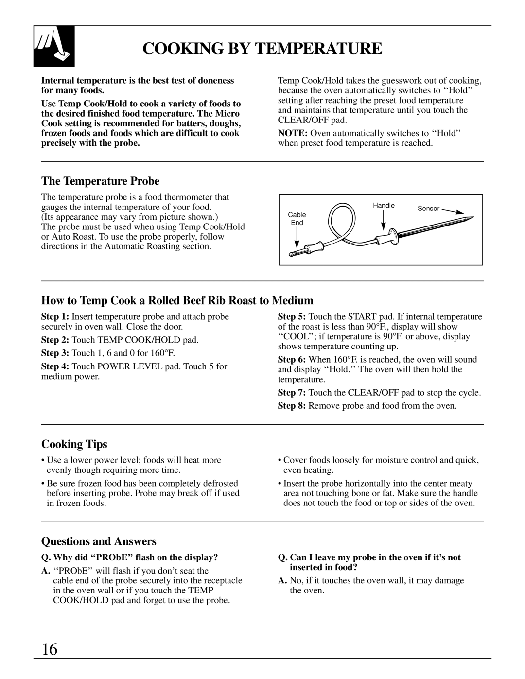 GE 49-8622 Cooking by Temperature, Temperature Probe, How to Temp Cook a Rolled Beef Rib Roast to Medium, Cooking Tips 