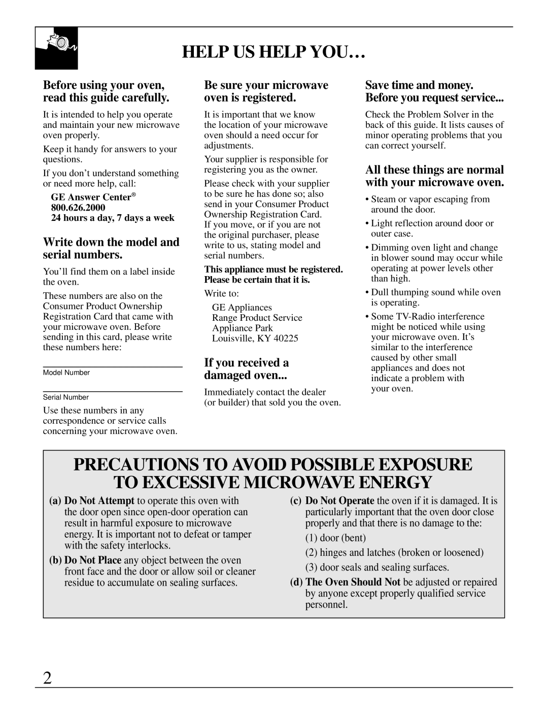 GE JVM250BV, JVM250AV, JVM250WV Help US Help YOU…, Write down the model and serial numbers, If you received a Damaged oven 