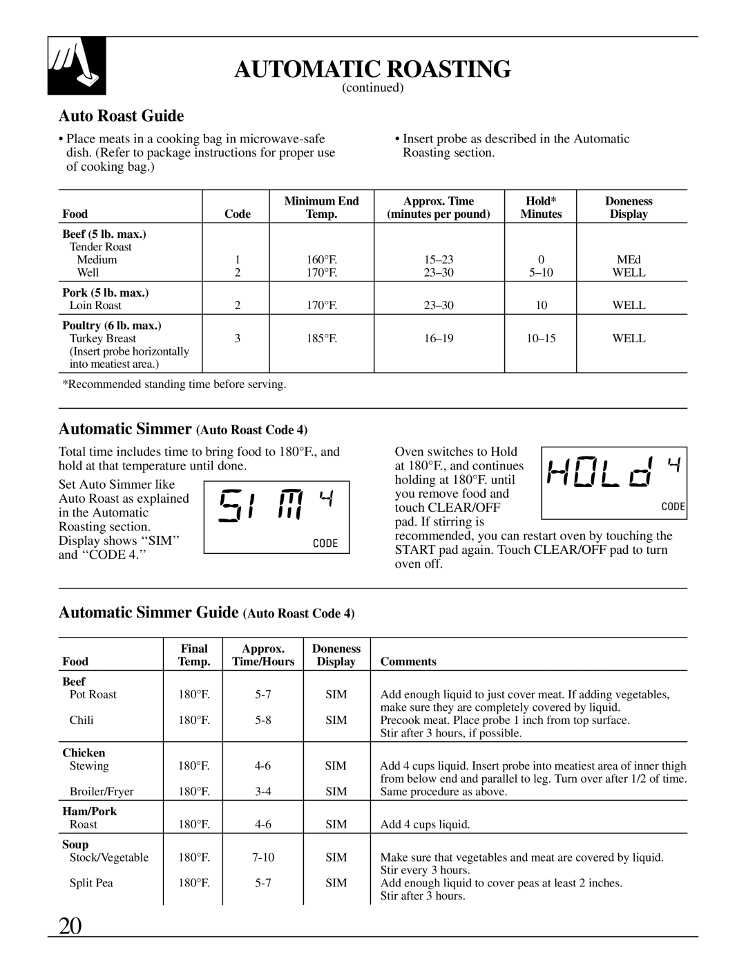 GE JVM250BV, JVM250AV, JVM250WV Auto Roast Guide, Automatic Simmer Guide Auto Roast Code, Automatic Simmer Auto Roast Code 